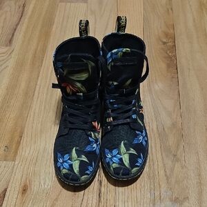 Dr. Martens Black and Blue Combat Boots with Floral Design